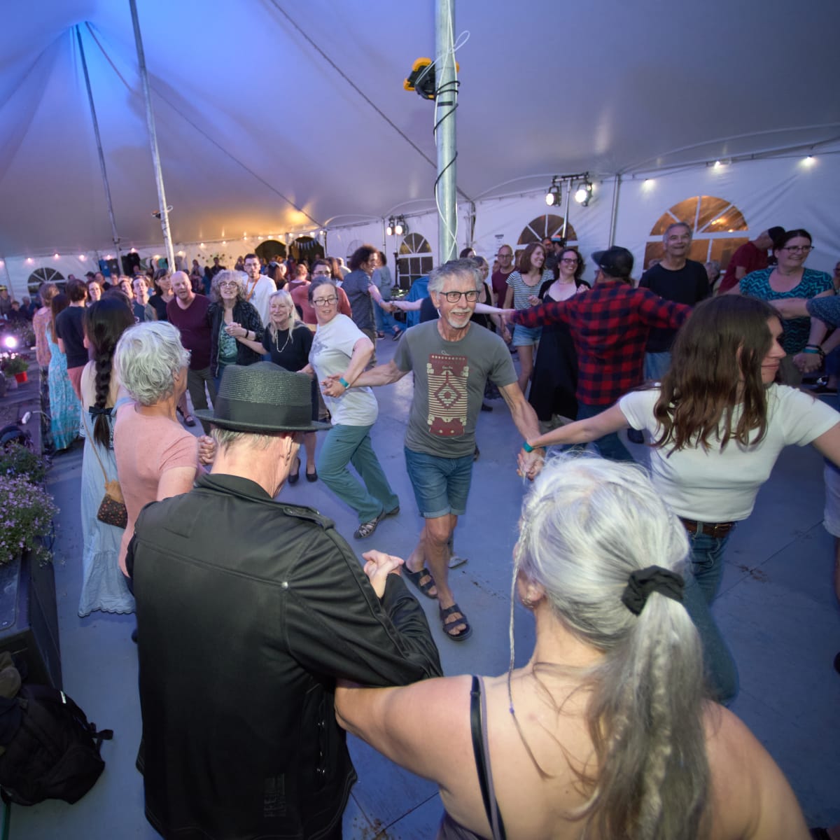 People dancing while holding hands.
