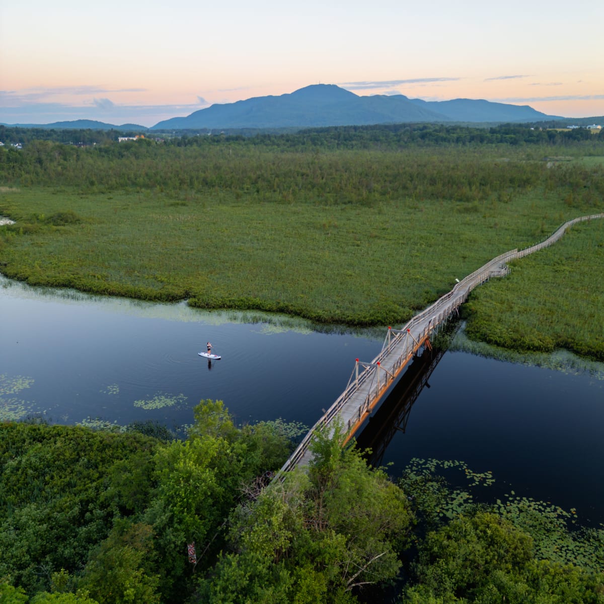 Vue aérienne d'un parc naturel traversé d'un cours d'eau, avec une montagne en arrière-plan.