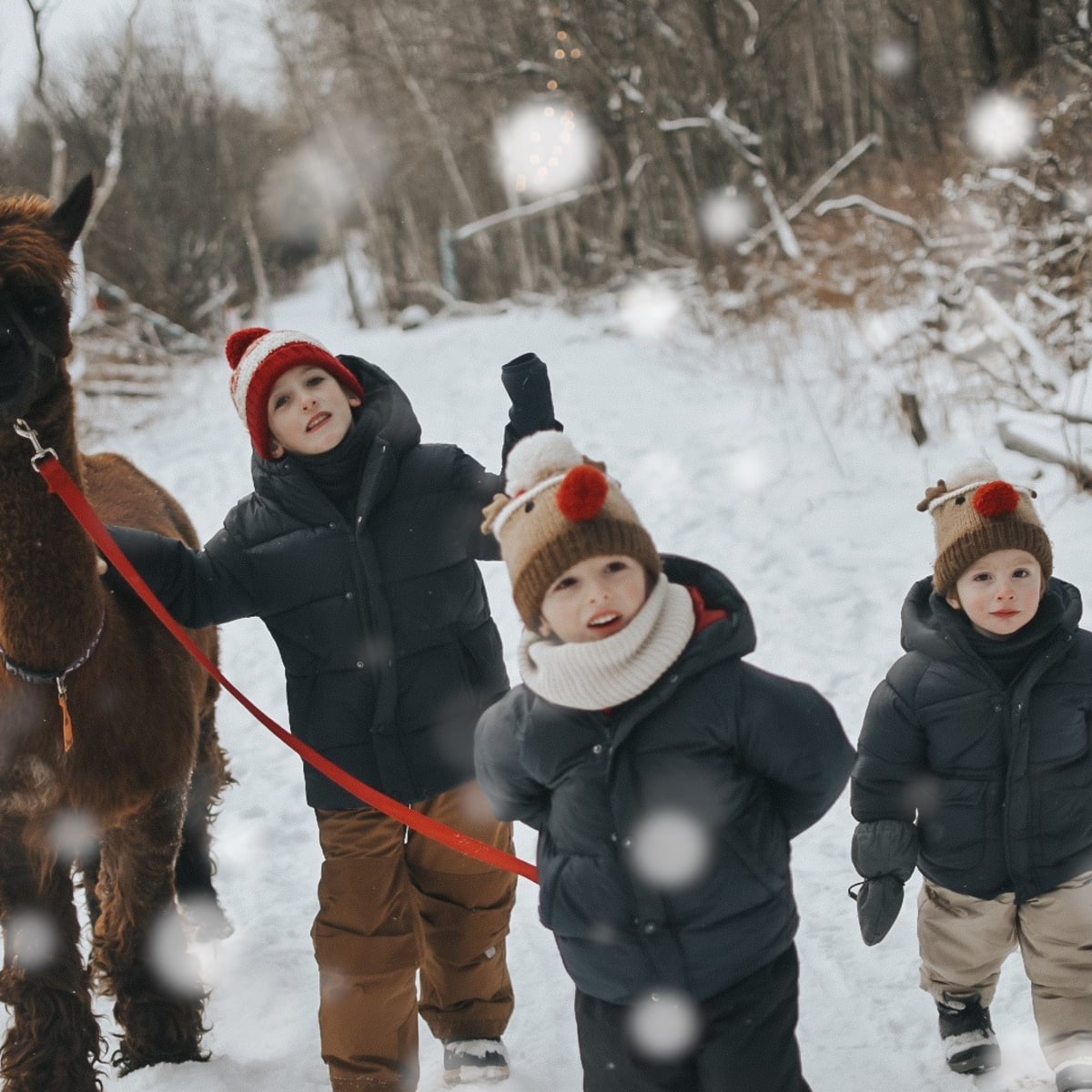 Alpagas du Domaine Poissant - Trois enfants promènent un alpaga, en hiver