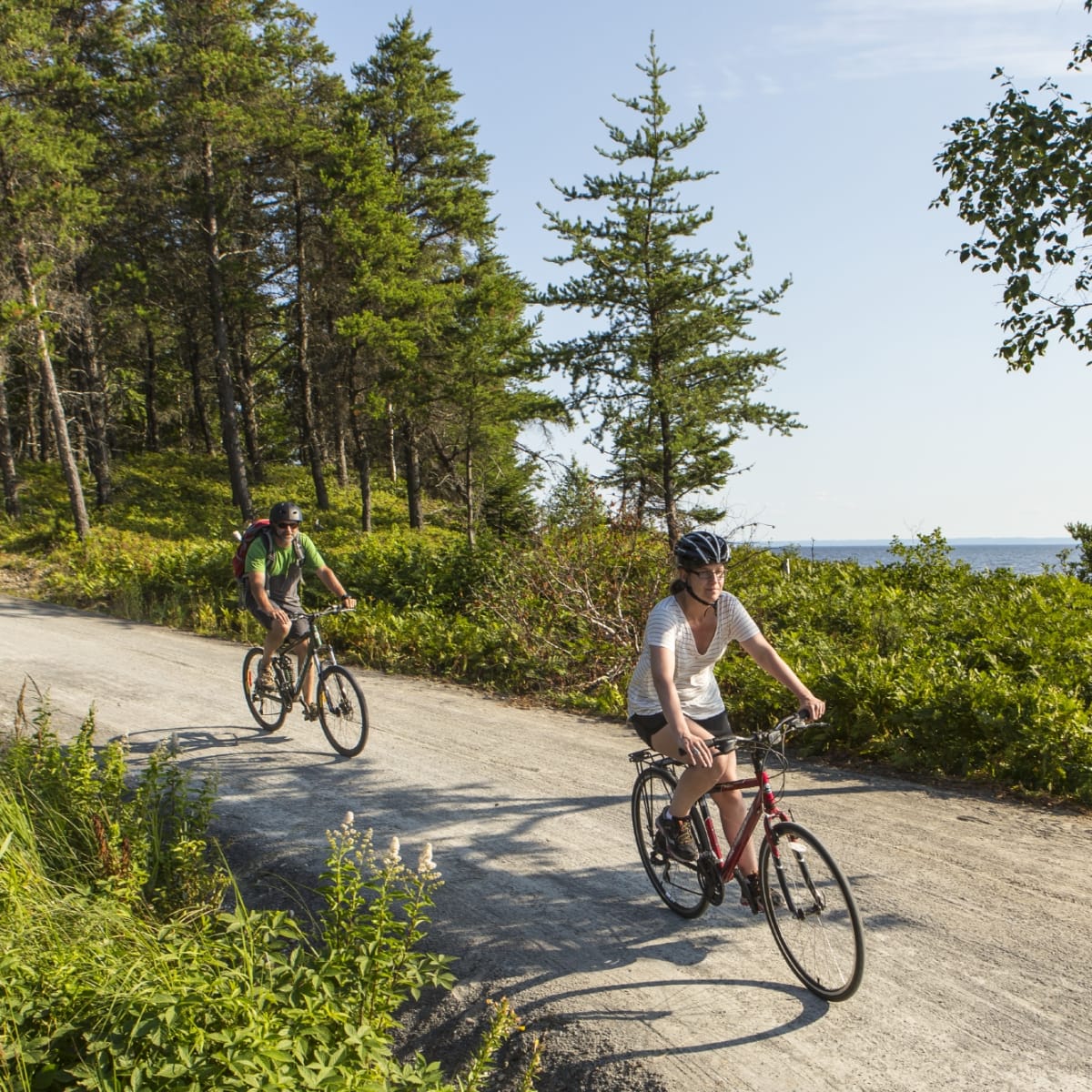 Deux cyclistes sur une piste cyclable en gravier dans un environnement verdoyant.