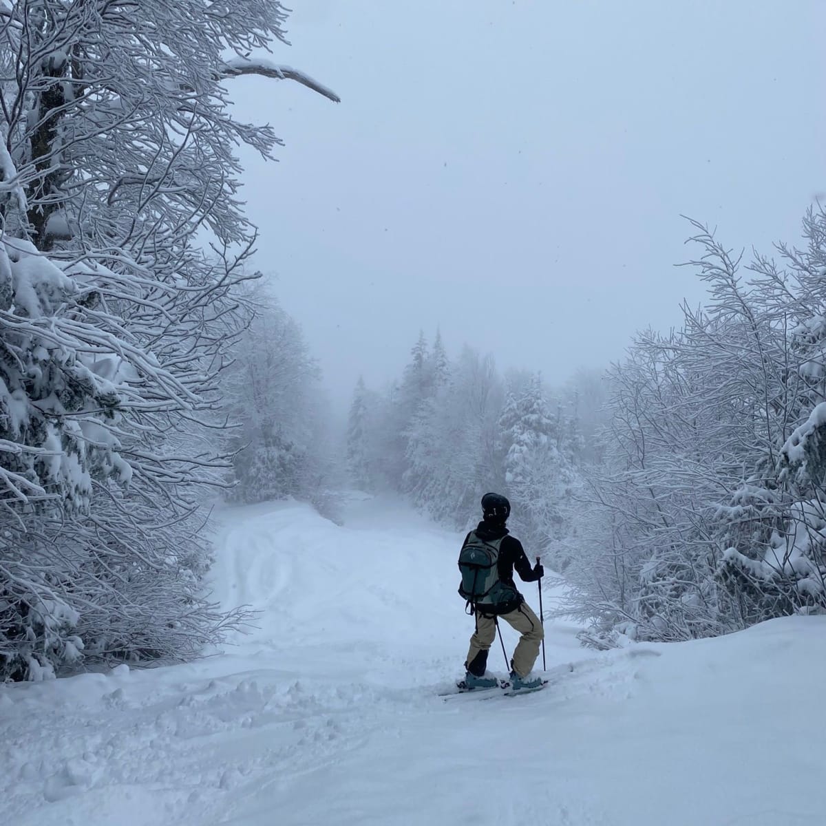 Personne en ski alpin sur une pente très enneigée.