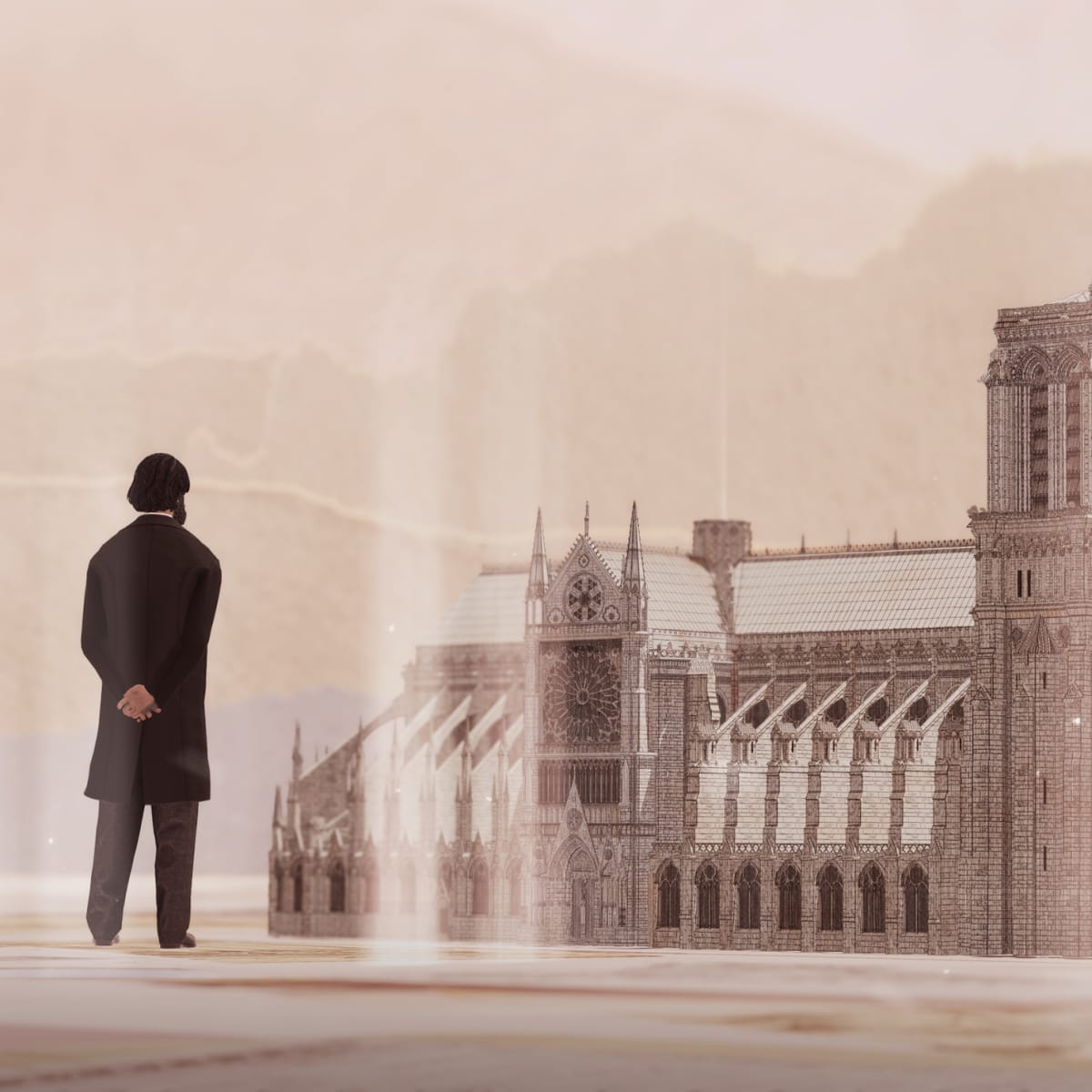 Éternelle Notre-Dame - Illustration d'un homme qui regarde une cathédrale.