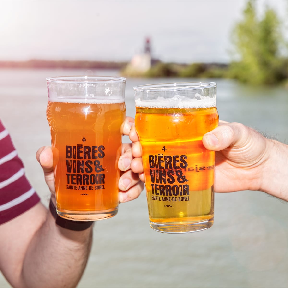 Two hands with beers clinking their glasses by the water.