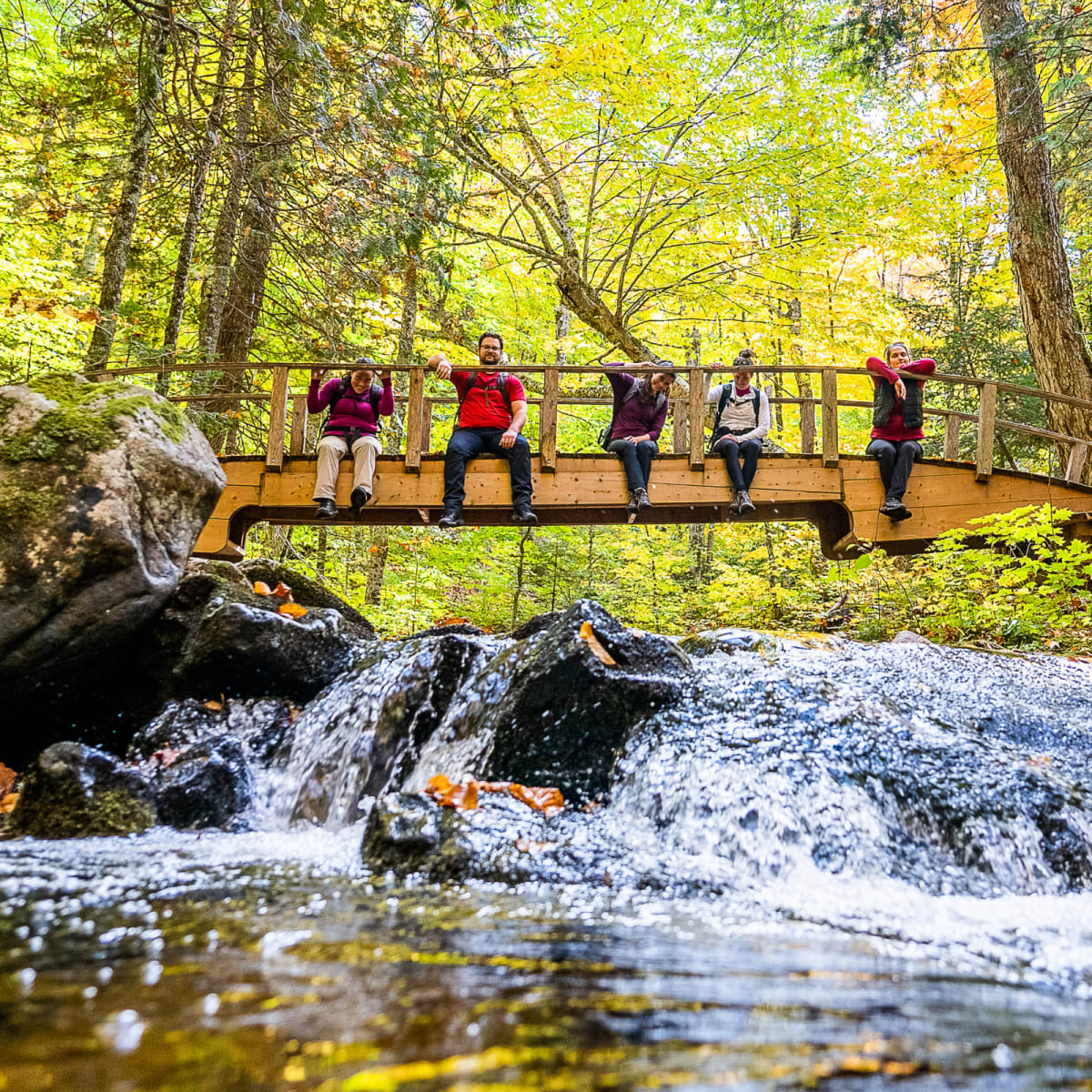 Des adultes assis sur un petit pont au Parc régional Montagne du Diable.