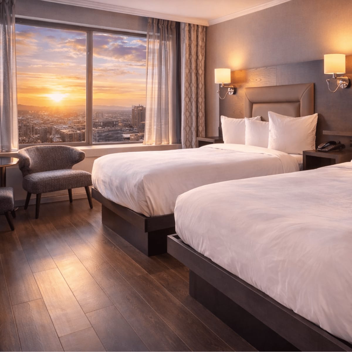 Chambre et coucher de soleil à la fenêtre, Hôtel Le Concorde.