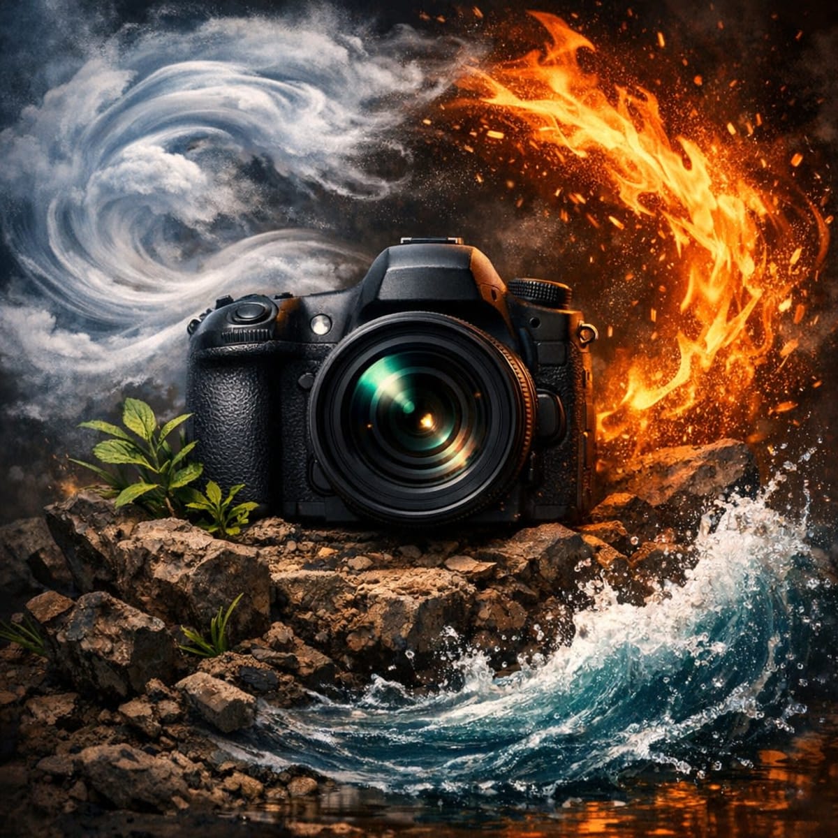 Un appareil photo entouré des 4 éléments de la nature.
