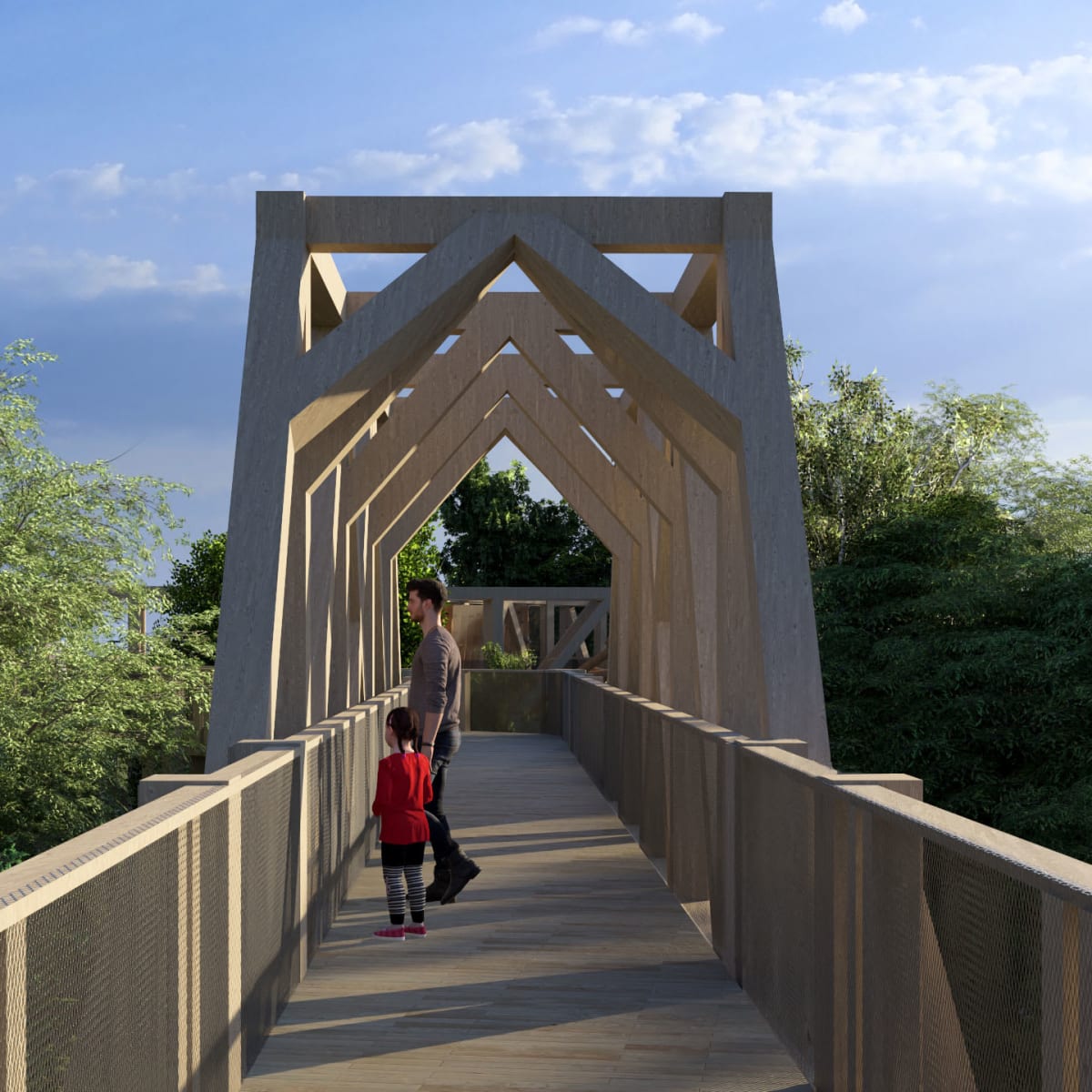 Enfant et parent sur une passerelle à la La Place des Sommets.