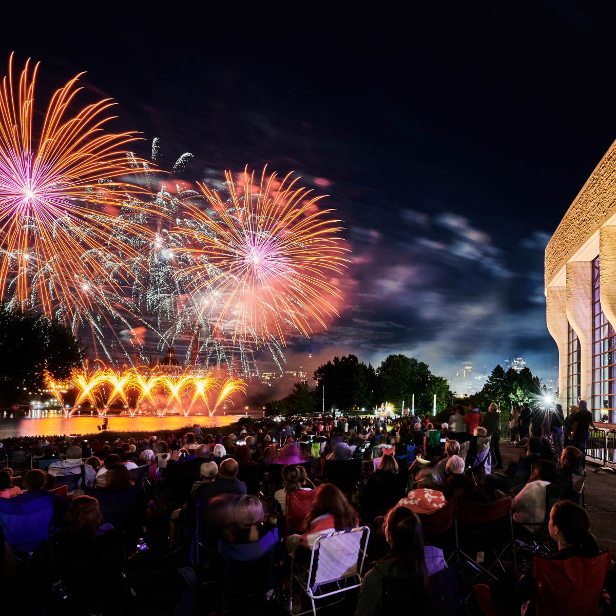 A crowd admiring the casino's fireworks.