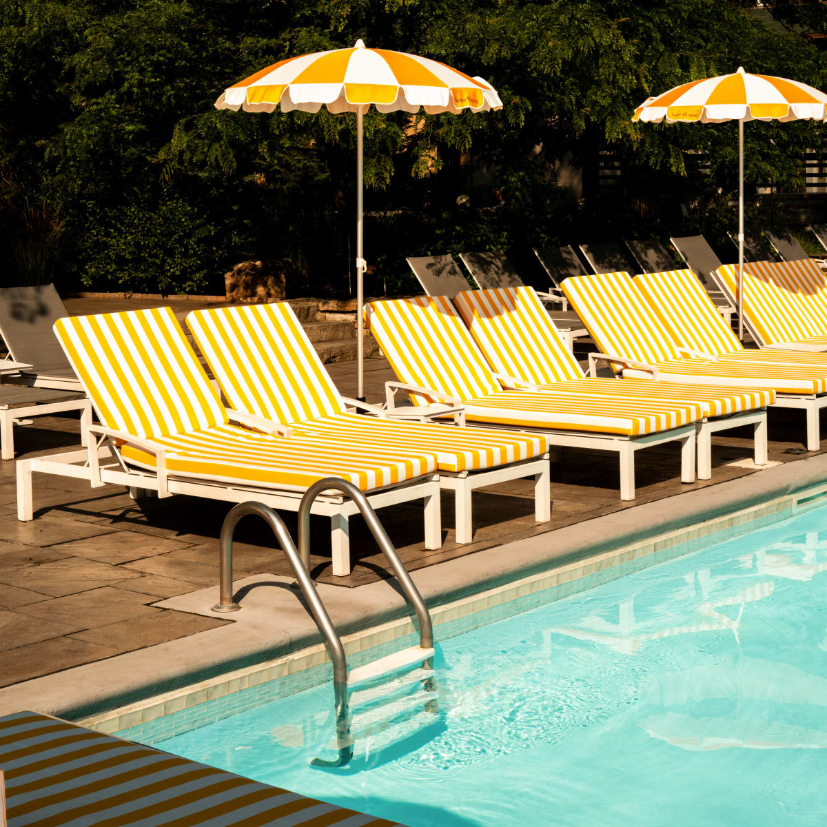 Chaises longues et parasols au bord de la piscine au Sun Club du Manoir Saint-Sauveur.