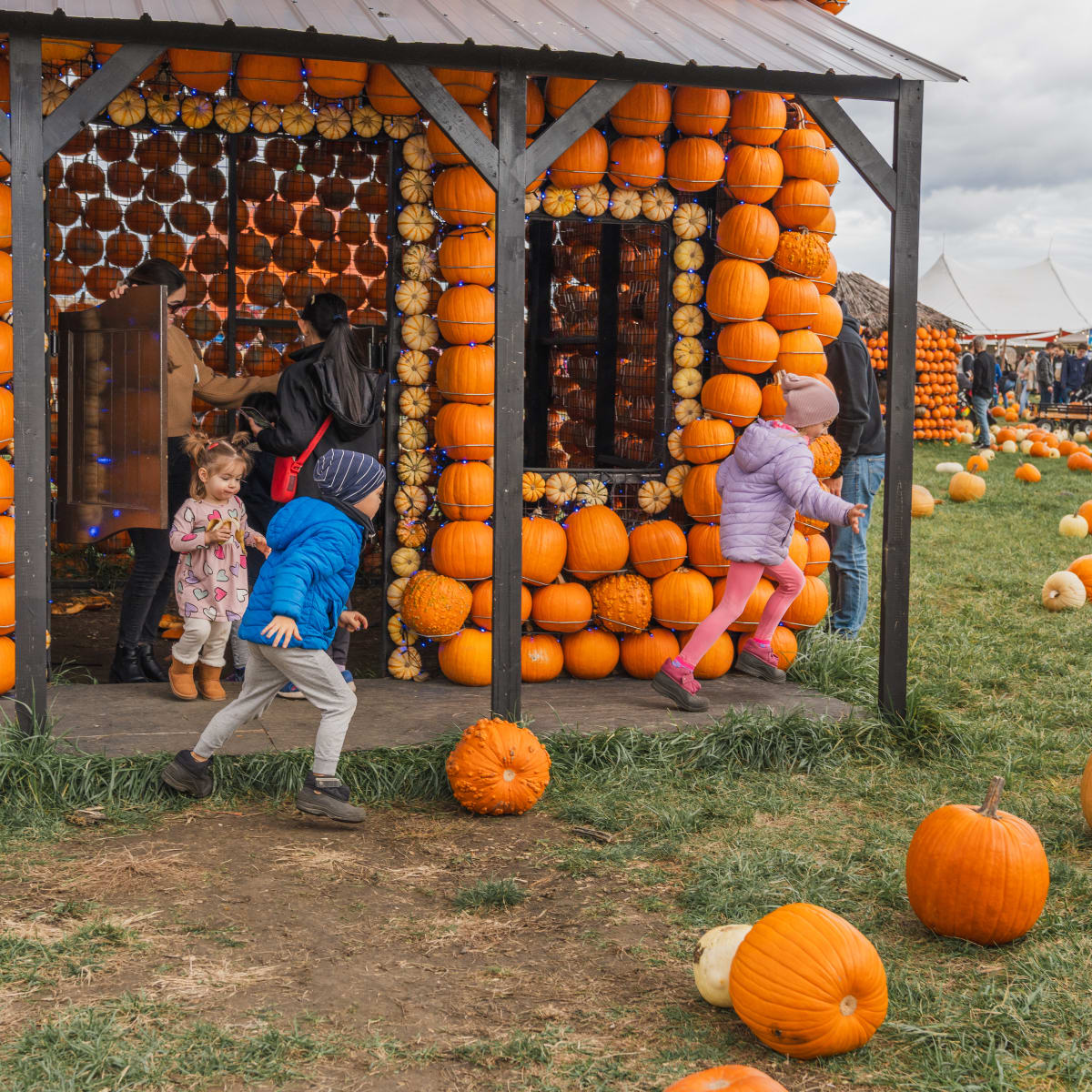 Vaudreuil-Soulanges en automne : nature, agrotourisme et plaisirs en famille - Enfants s'amusant près d'une maison en citrouille, Citrouilleville