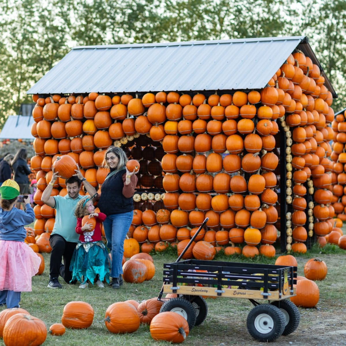 Famille s'amusant autour d'un maison en citrouilles à Citrouilleville. 