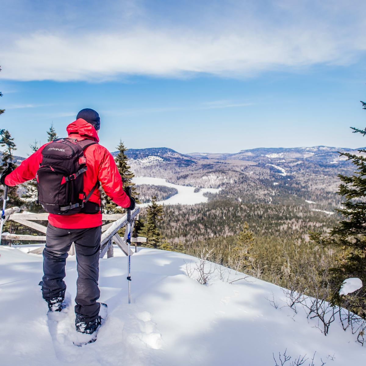Raquetteur qui admire la vue au sommet du mont Brassard enneigé.