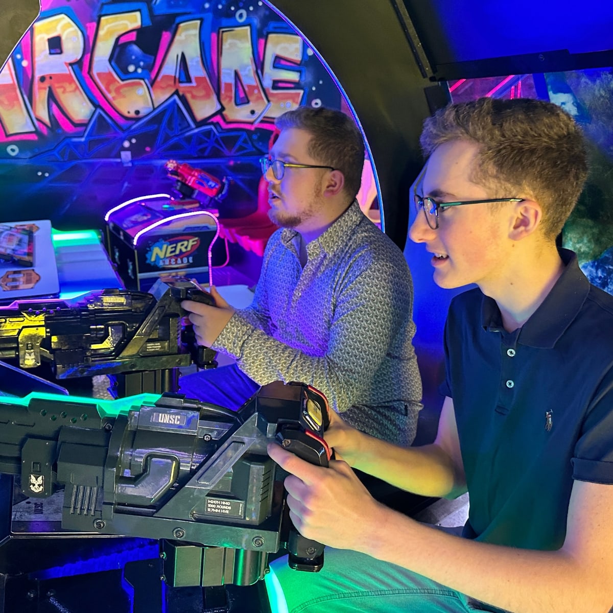 Arcade games with colourful lighting effects.
