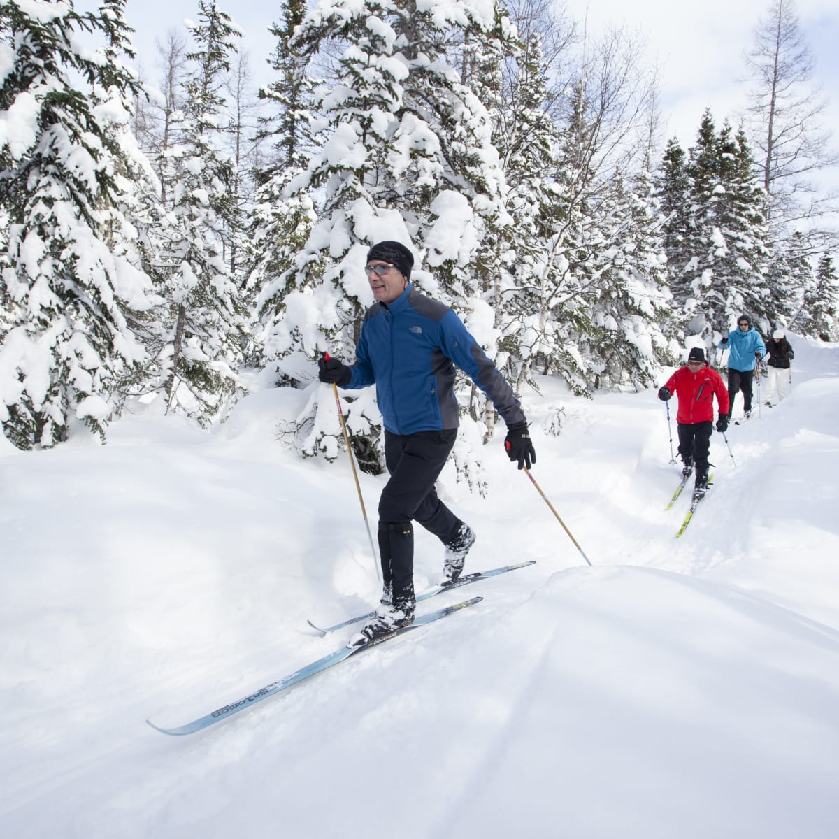 Skieurs de randonnée sur un sentier en Gaspésie.