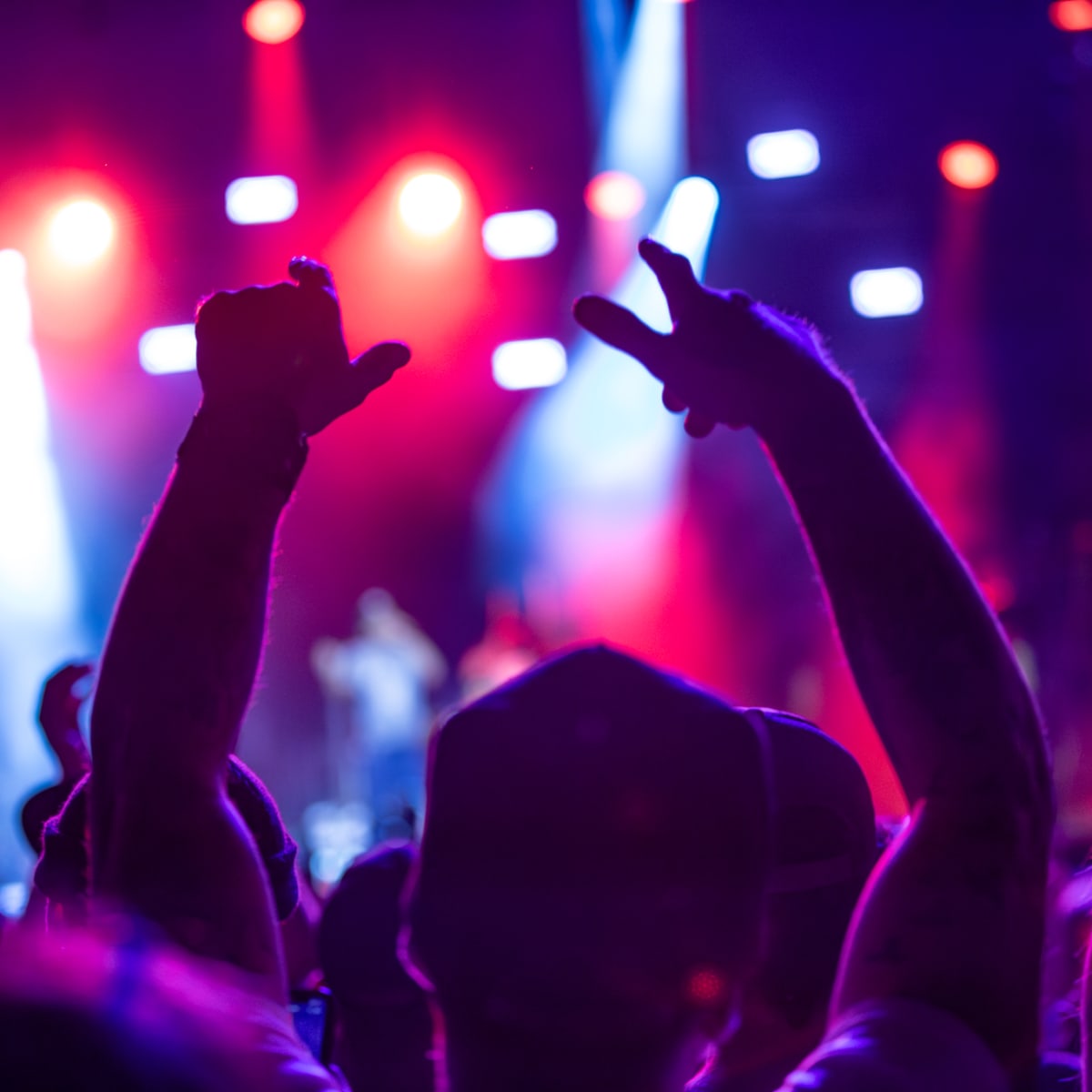 Plan rapproché d'un festivalier de dos dans la foule.