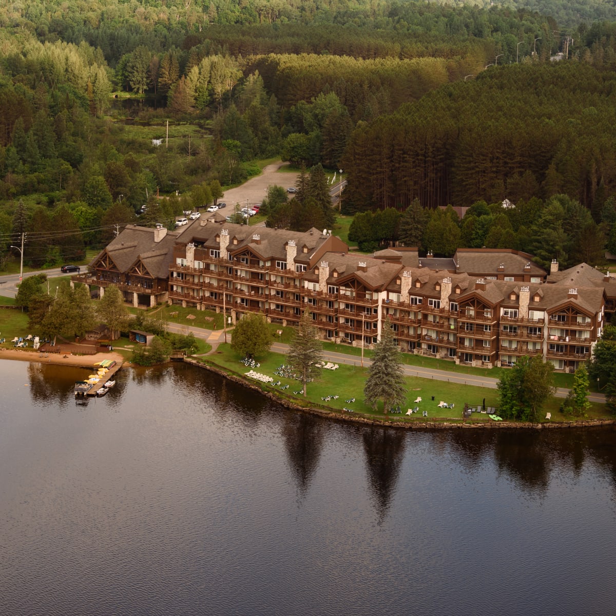Aerial view of Grand Lodge Mont-Tremblant and the lake.