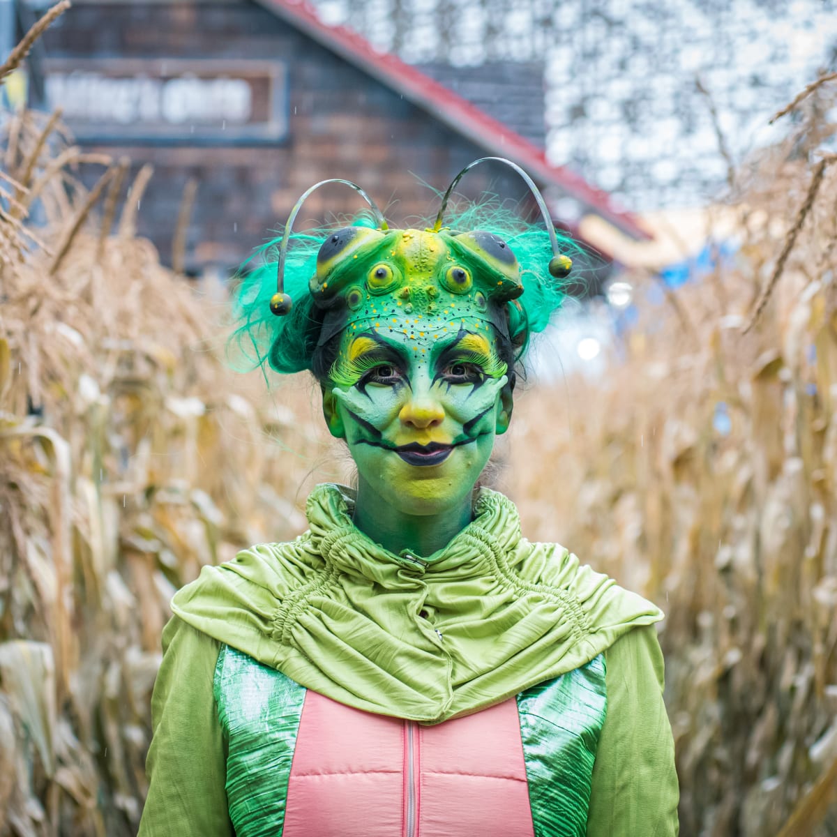 Femme déguisée et maquillée en créature verte dans un labyrinthe de maïs.