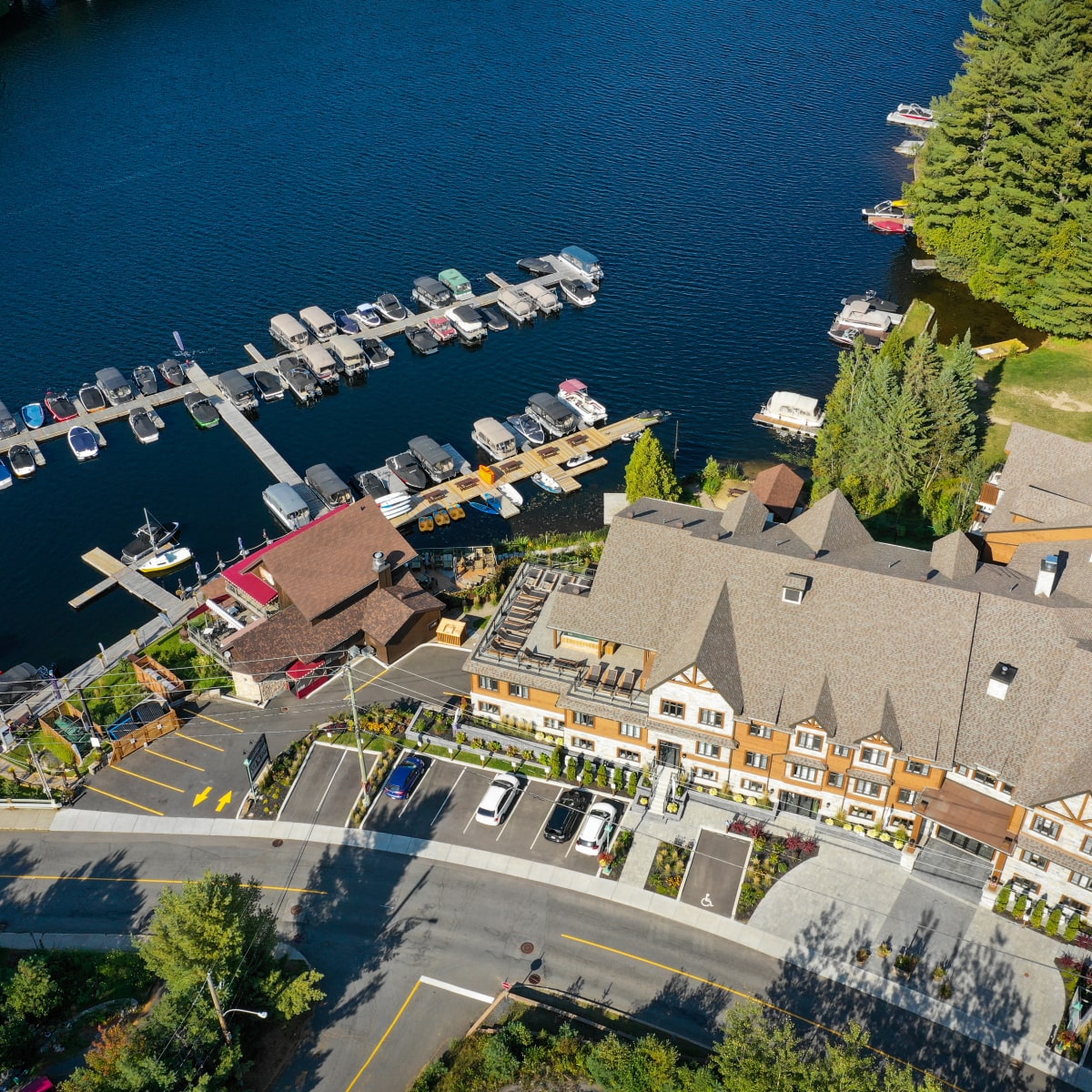 Aerial view of the Viking Resort buildings and the marina.