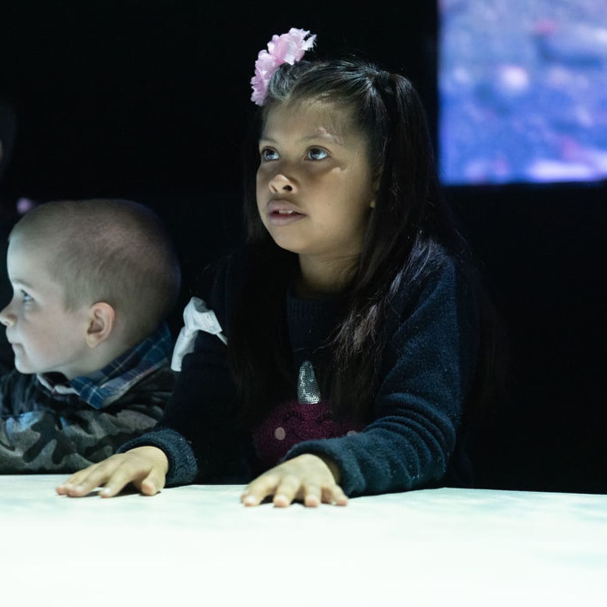Fille et garçons assistant à l'exposition Terra Mutantès du Musée de la Nature et des Sciences de Sherbrooke.