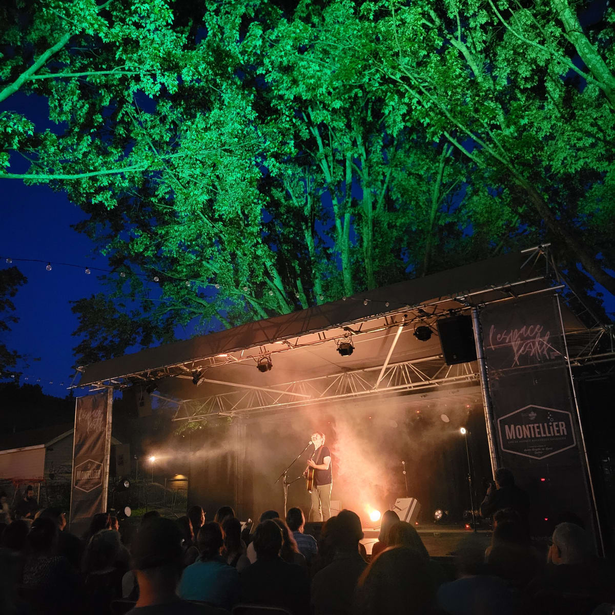 Stage with musical artist seen from the crowd, in the evening.