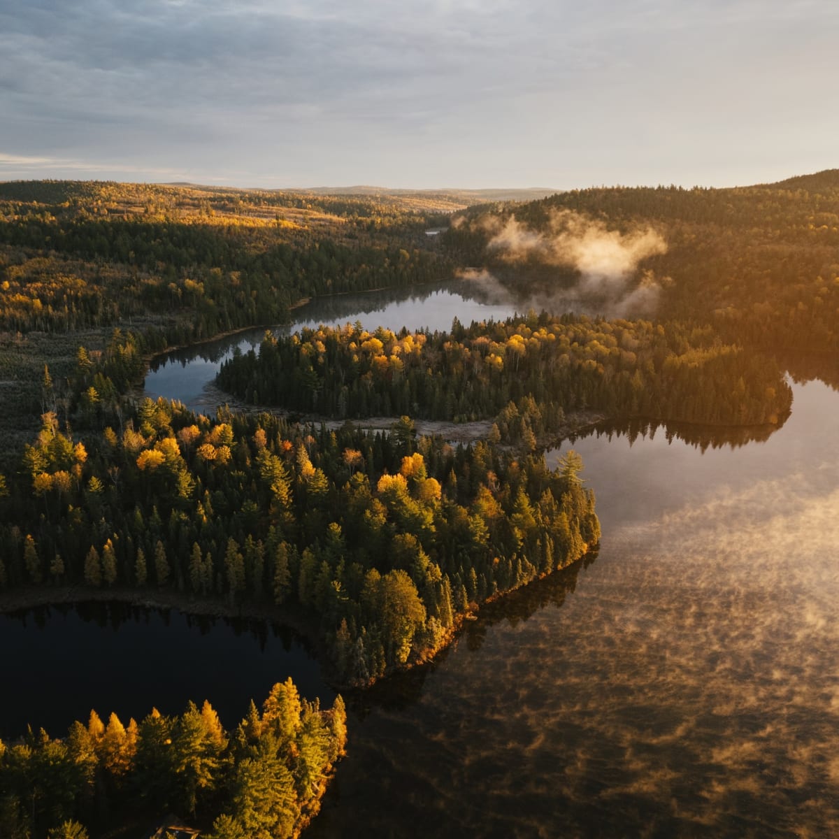 Vue aérienne de la Réserve faunique Mastigouche en automne.