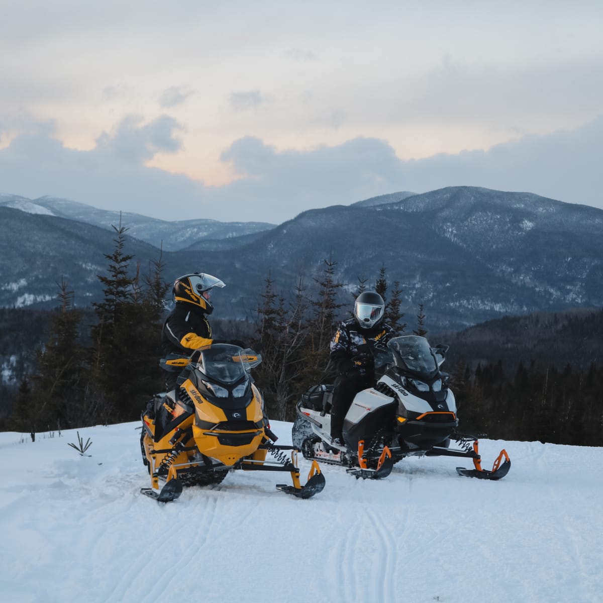 2 motoneigistes en montagne.