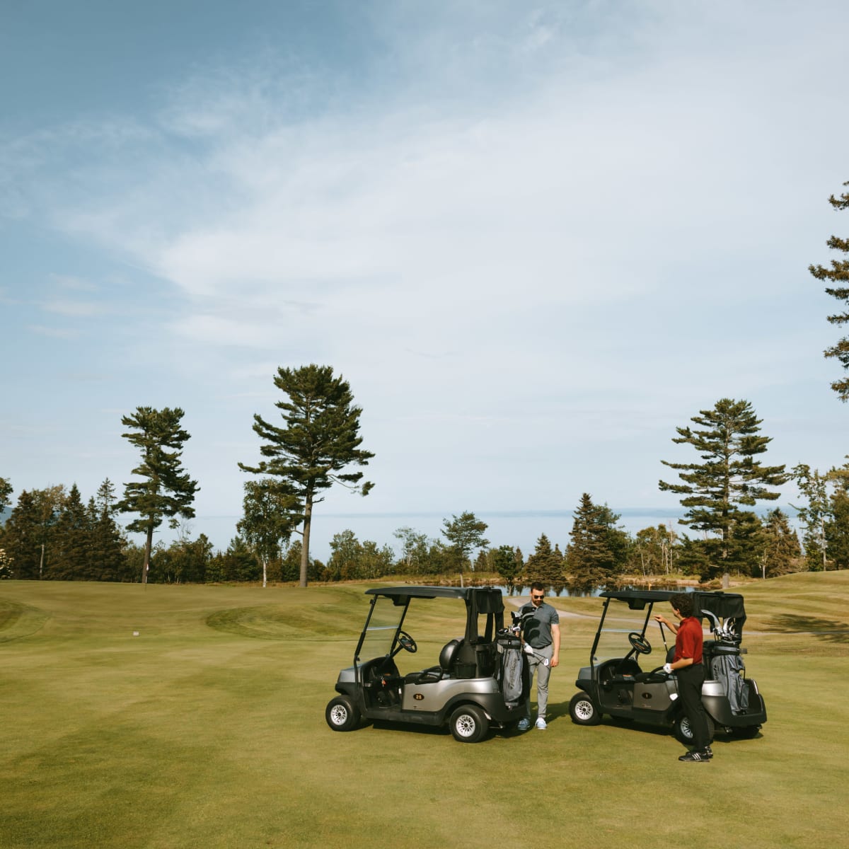 Deux voiturettes de golf arrêtées sur un terrain; deux hommes se trouvent à côté.