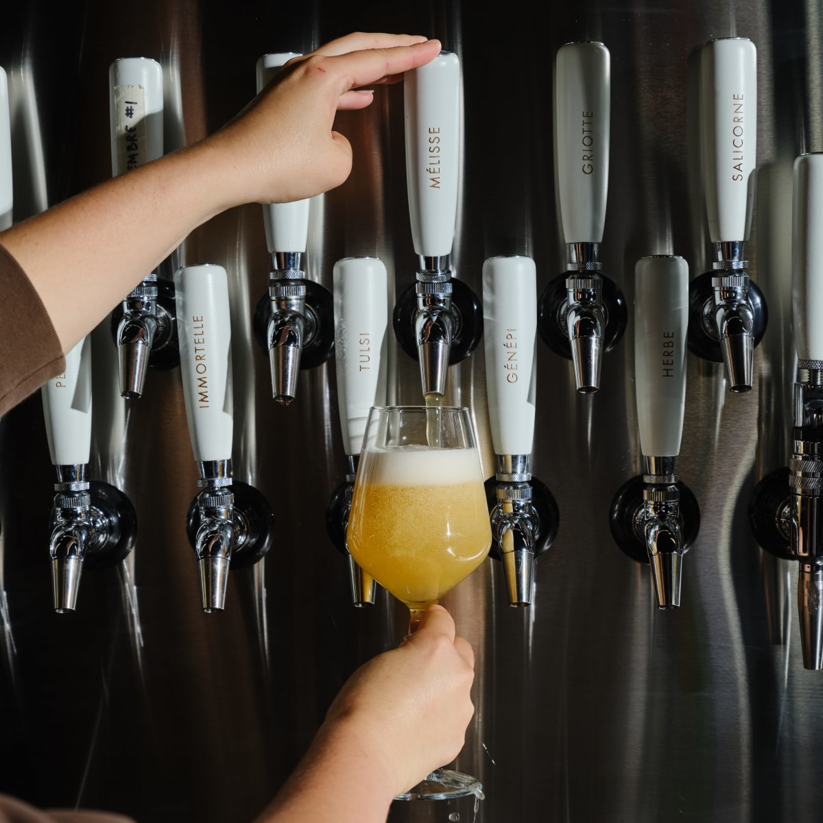 Personne qui remplit un verre de bière en fût.