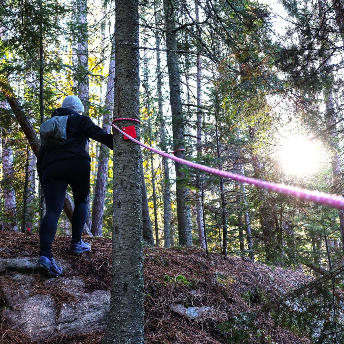 A hiker holding onto a rope while climbing. 