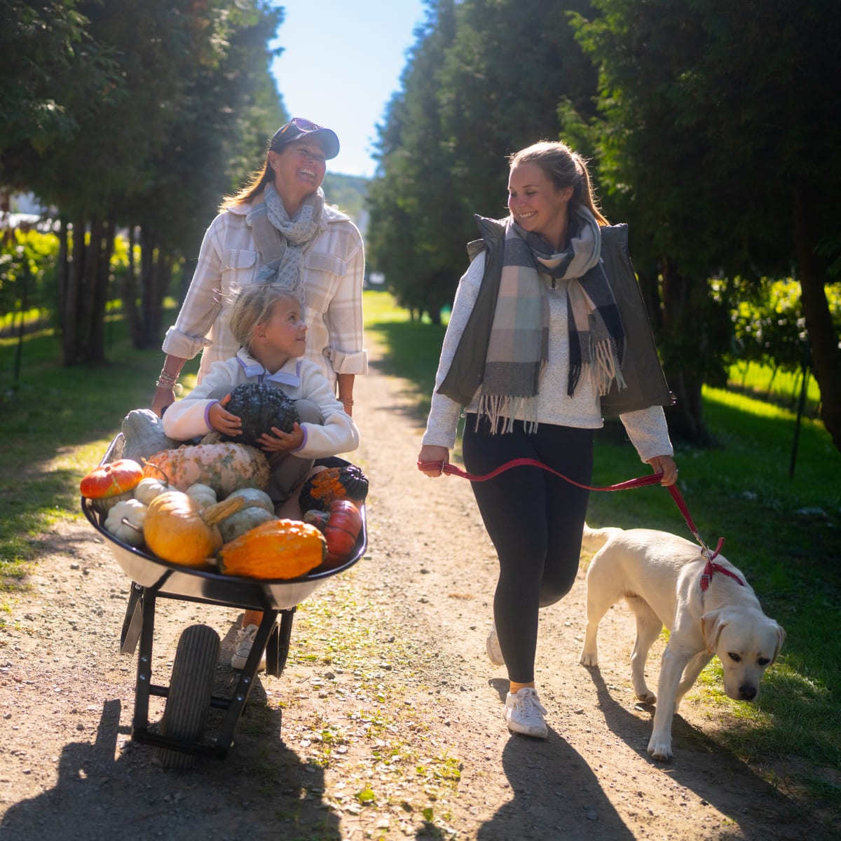 Famille avec un chariot de courges au Centre d'interprétation de la courge.