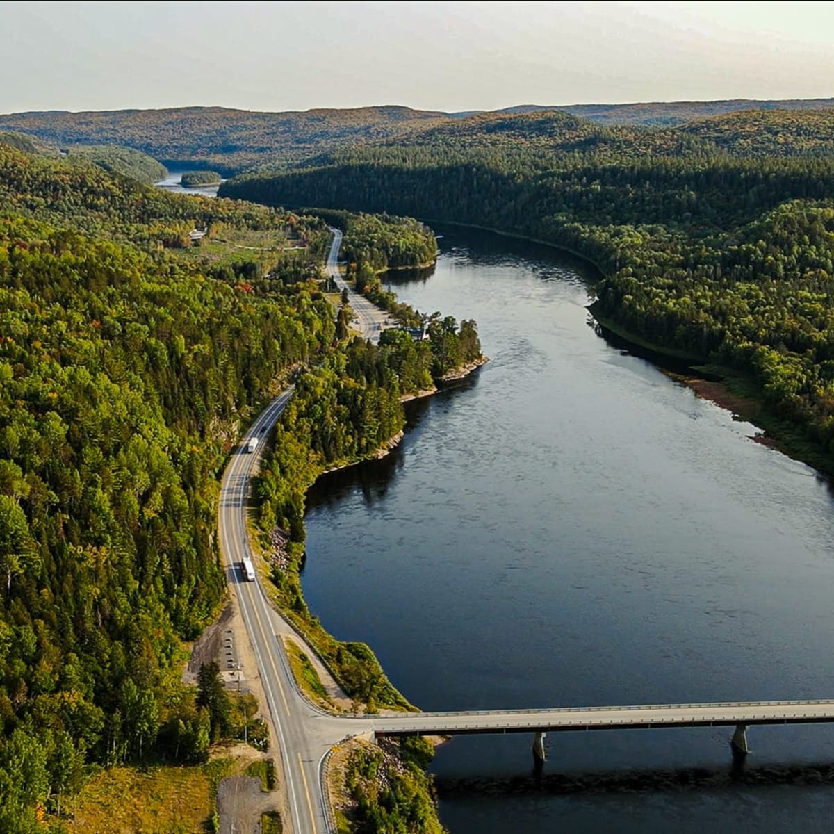 Aerial view of a river with forests all around.