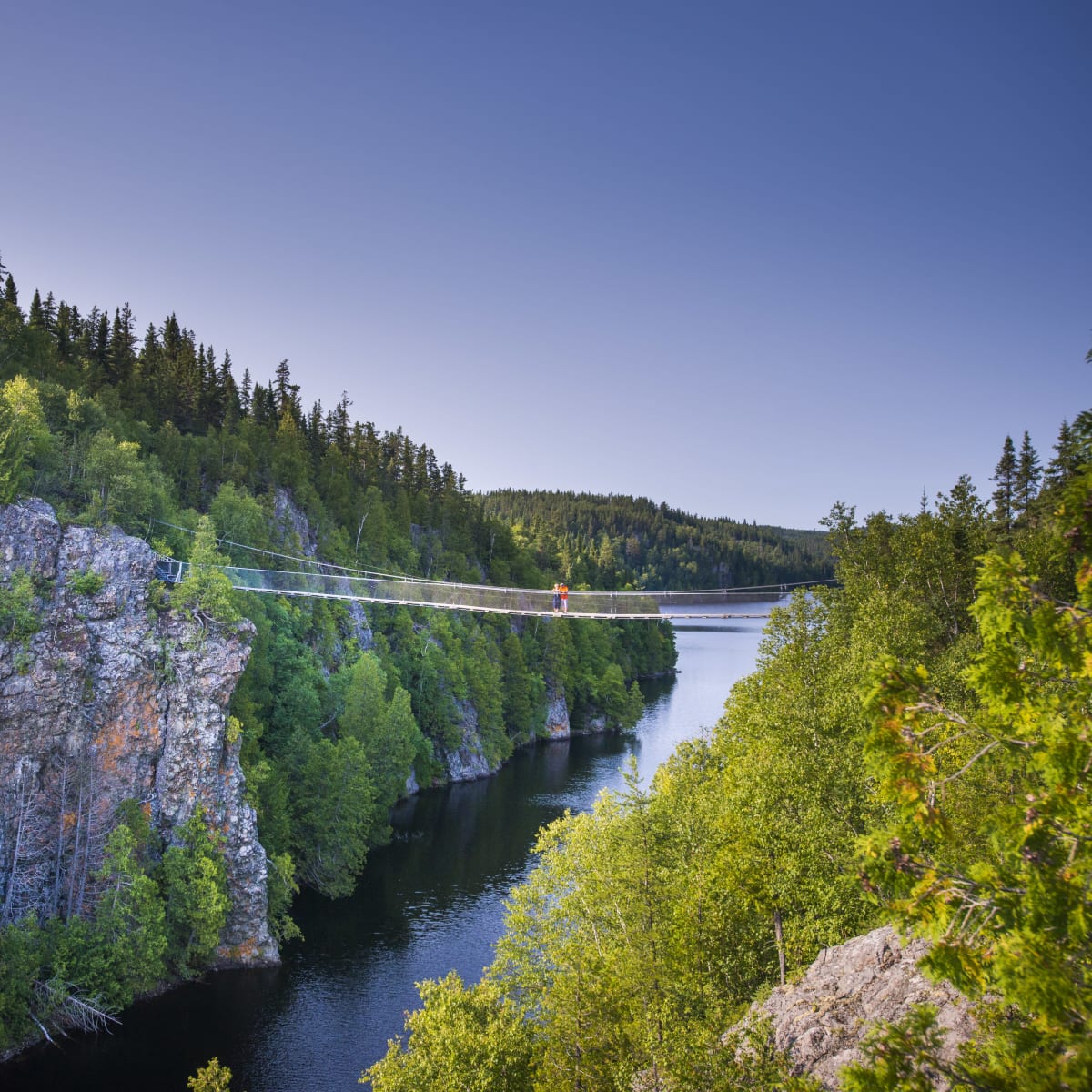 Passerelle suspendue au-dessus d'une rivière.