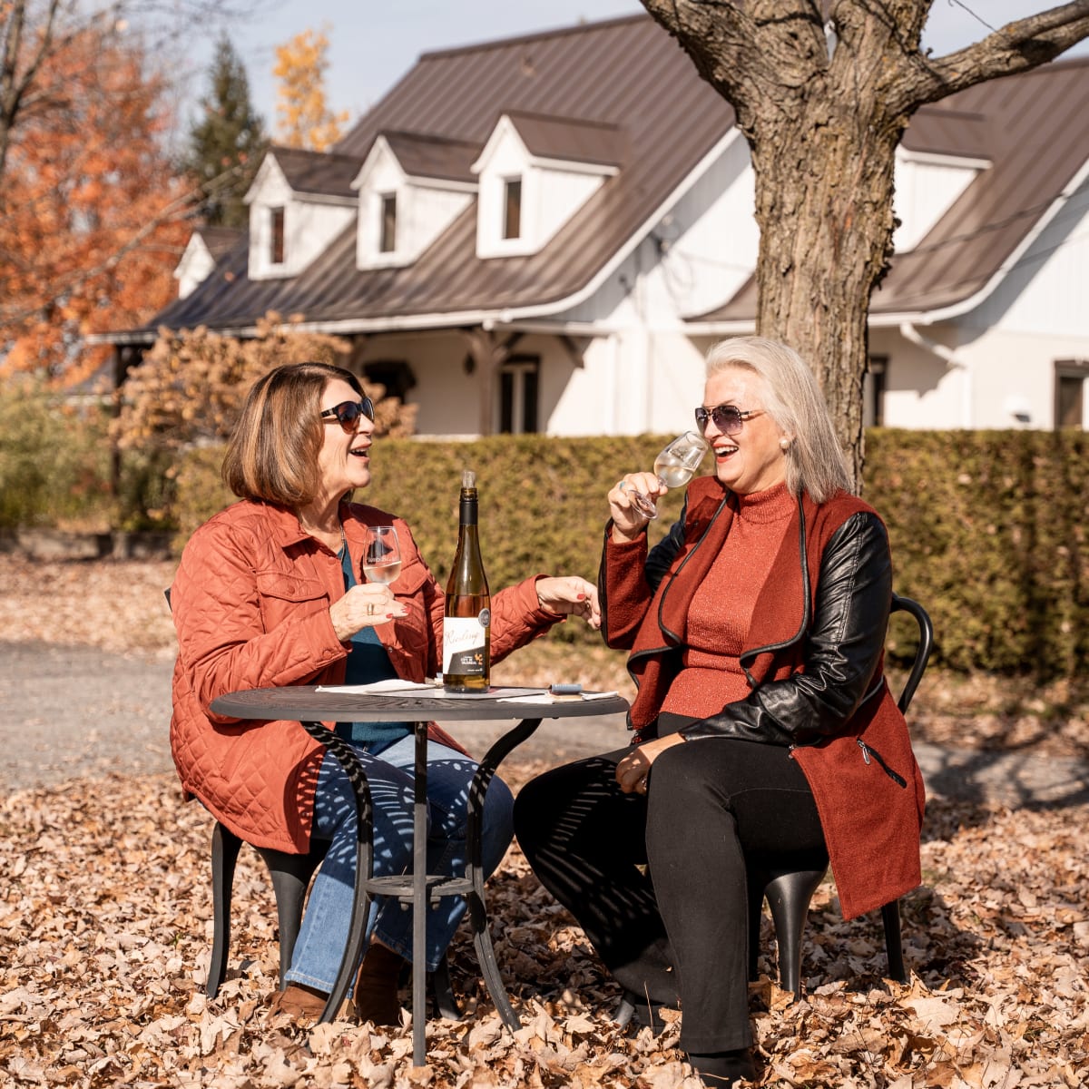 Deux femmes senior dégustant du vin à l'automne. 