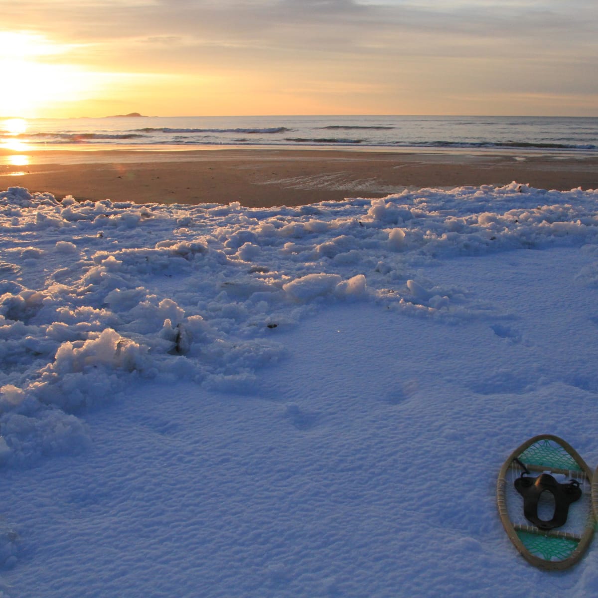 Raquette et plage en hiver.