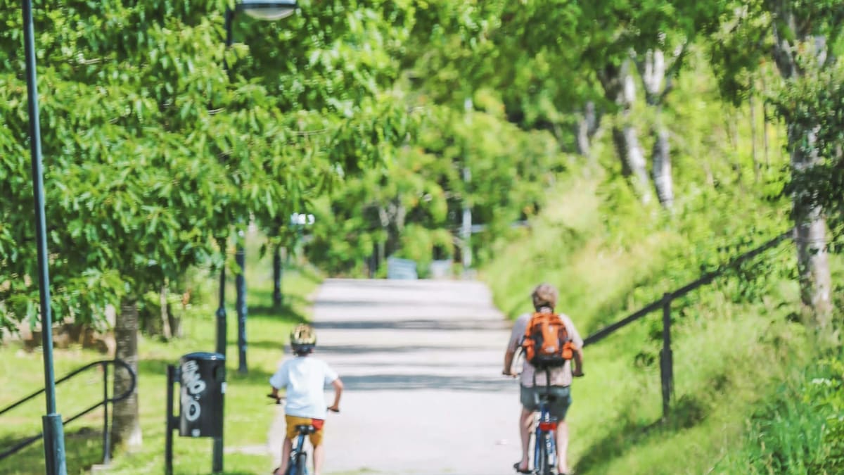 Two cyclists—an adult and a child—seen from behind