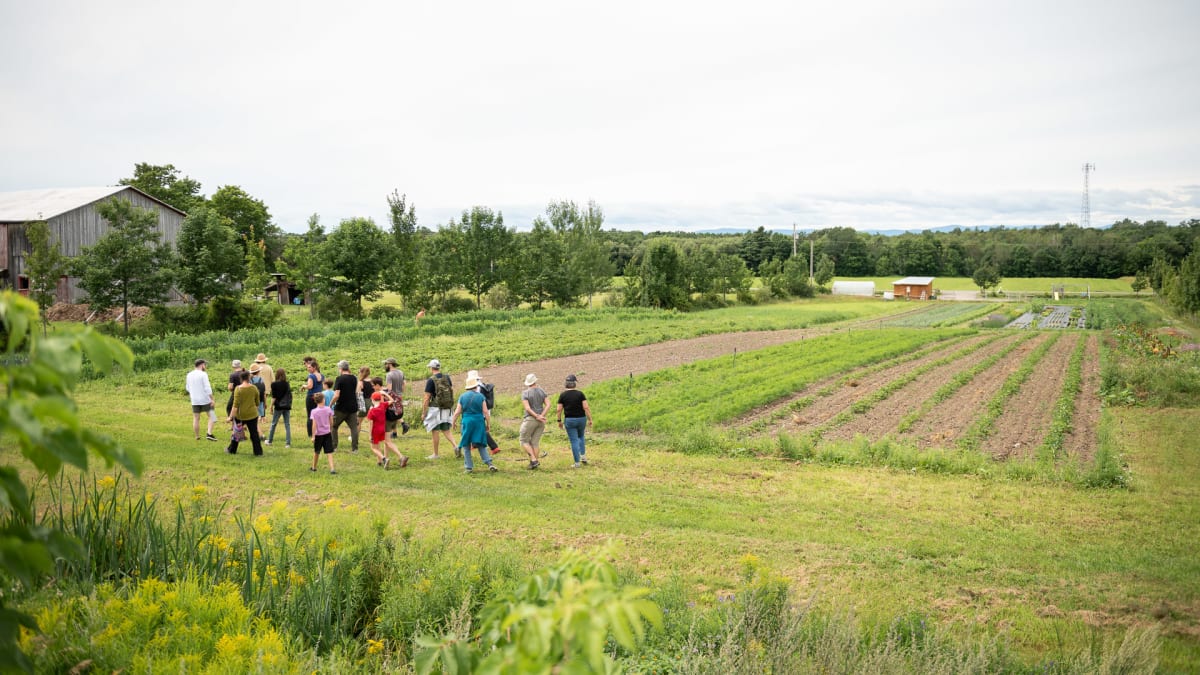 Groupe de personnes en train de visiter des terres agricoles