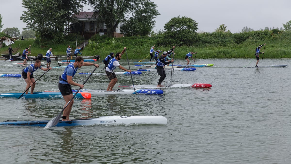 People on paddleboards on the lake.