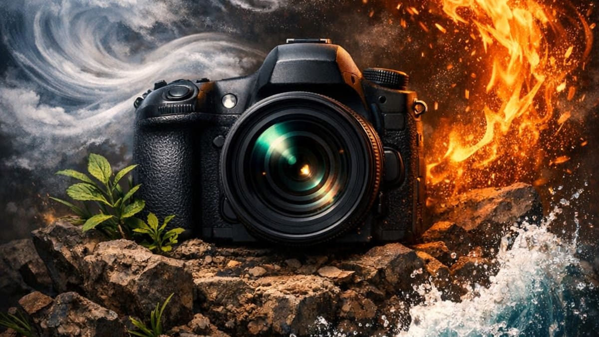 Un appareil photo entouré des 4 éléments de la nature.