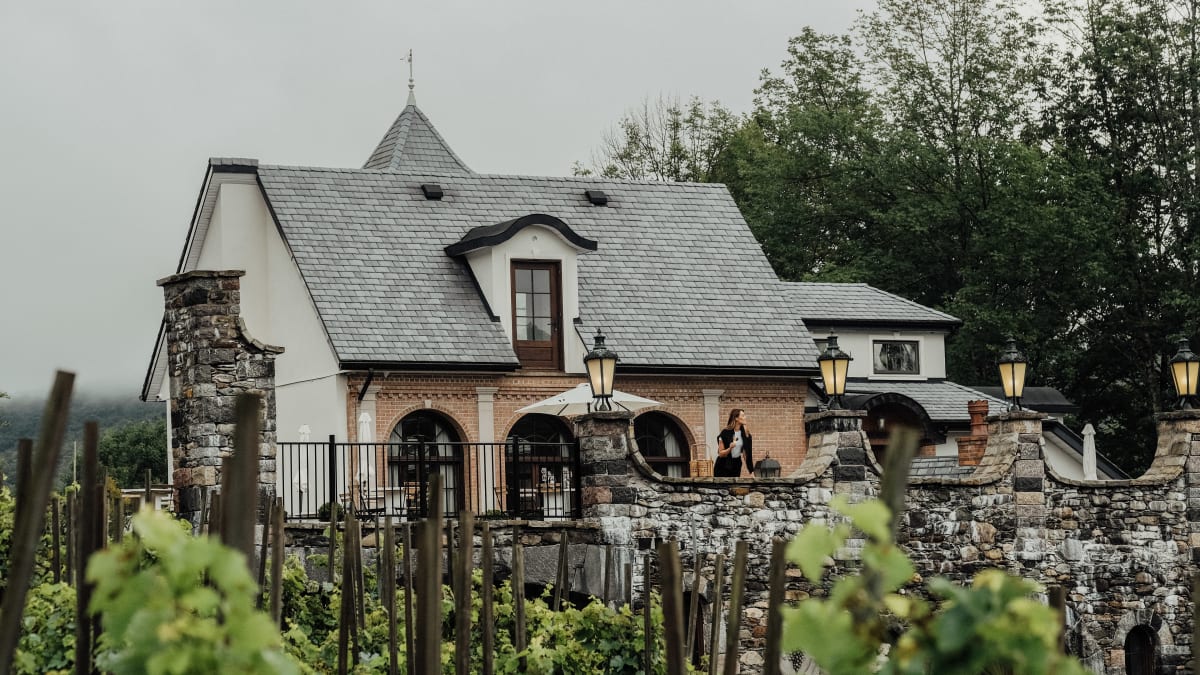 Devanture d'un hébergement champêtre, avec des vignes en avant-plan.