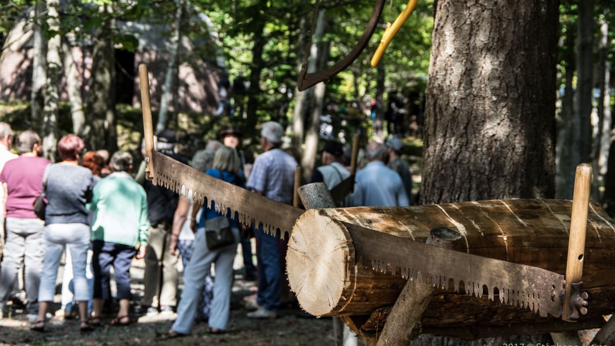 Ancienne scie à bois, avec groupe de gens rassemblés à l'arrière