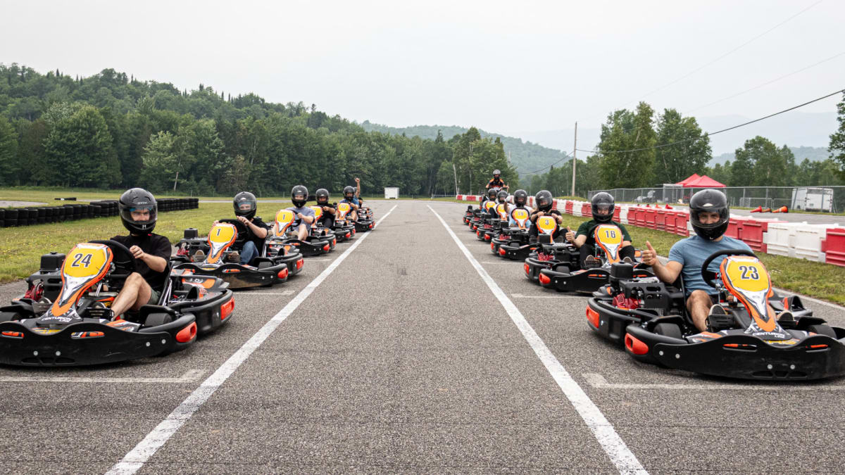Karts in a starting line-up.