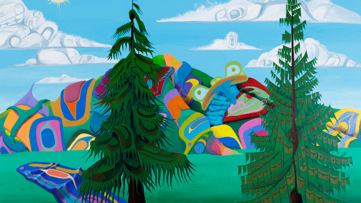 Toile d'un paysage avec un ciel bleu, des montagnes colorées et deux conifères en avant-plan.
