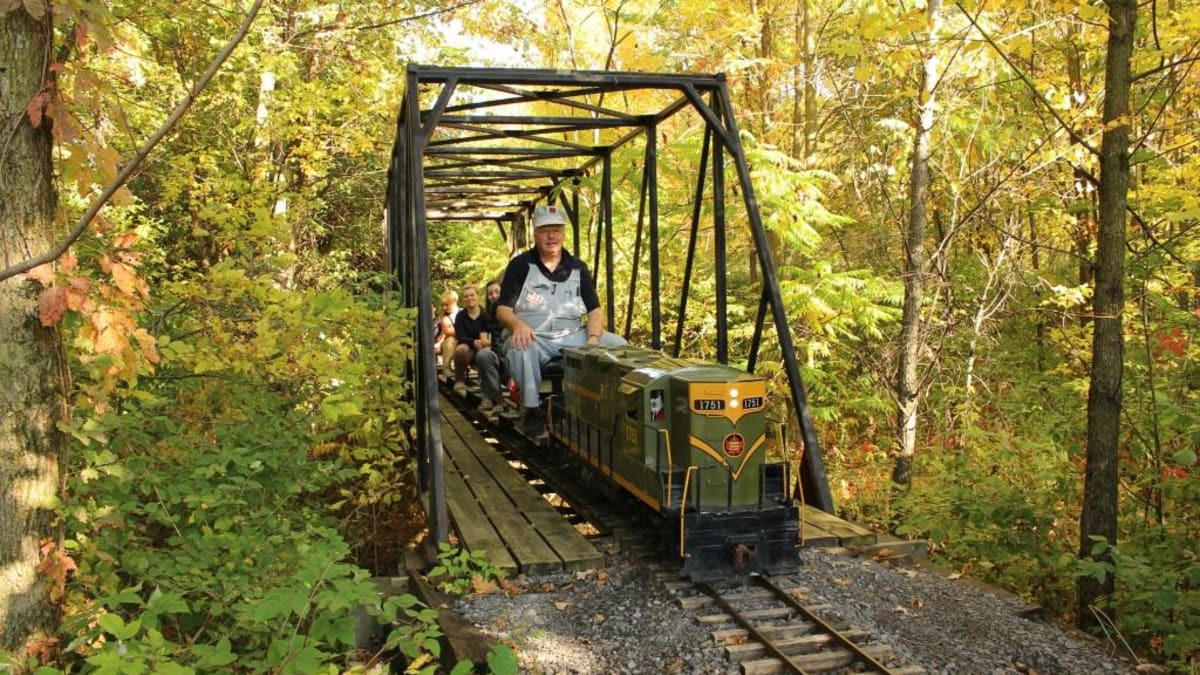 Mini-train avec conducteur et enfants à bord.