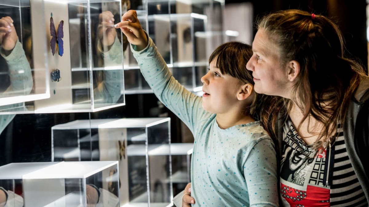 Mother and daughter looking at an exhibit.