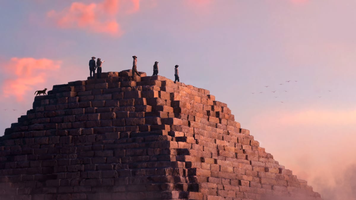 People seen in an virtual reality environment at the Horizon of Khufu exhibit.