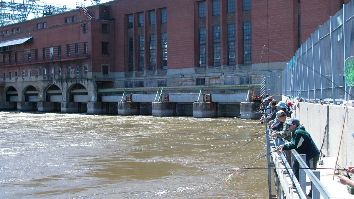 Plusieurs pêcheurs en rang qui pêchent du haut d'un barrage.