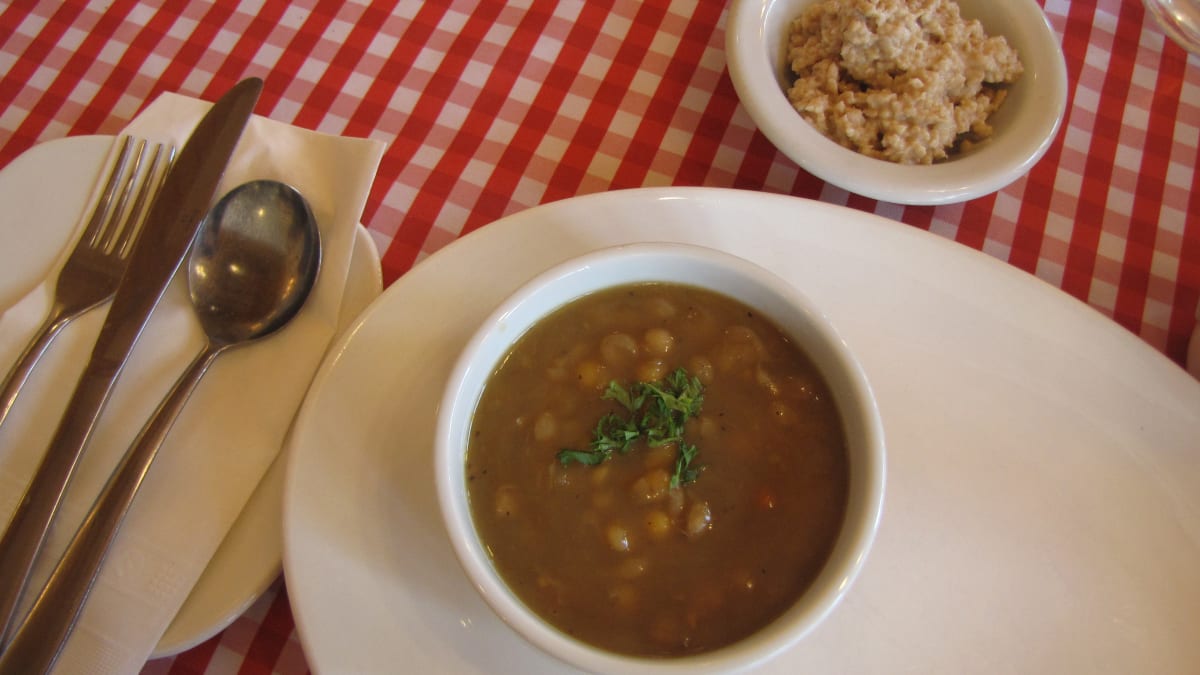 Pea soup and vegetarian creton spread.
