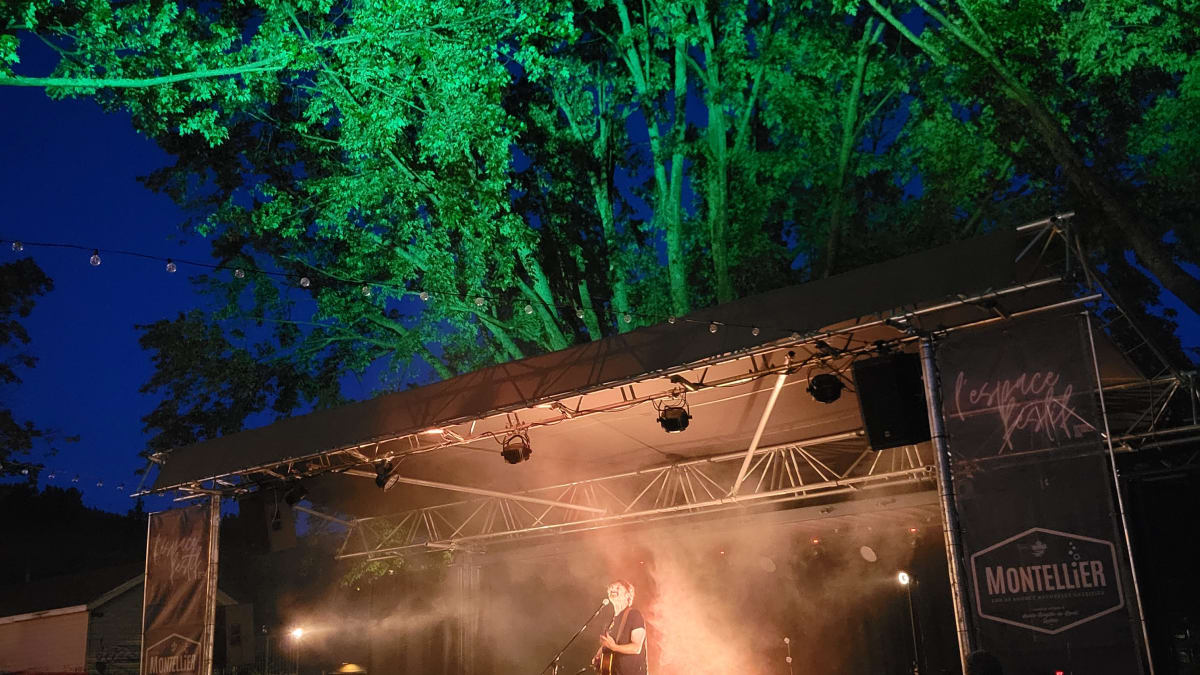 Stage with musical artist seen from the crowd, in the evening.