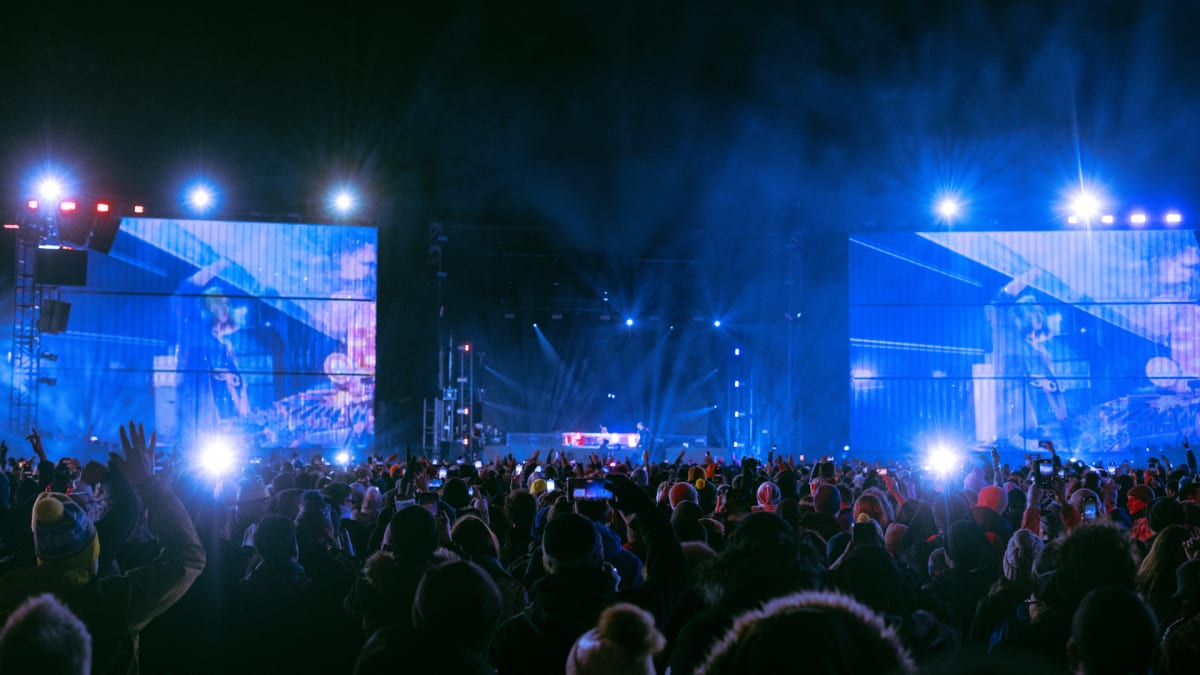Igloofest concert on an outdoor stage in the winter.