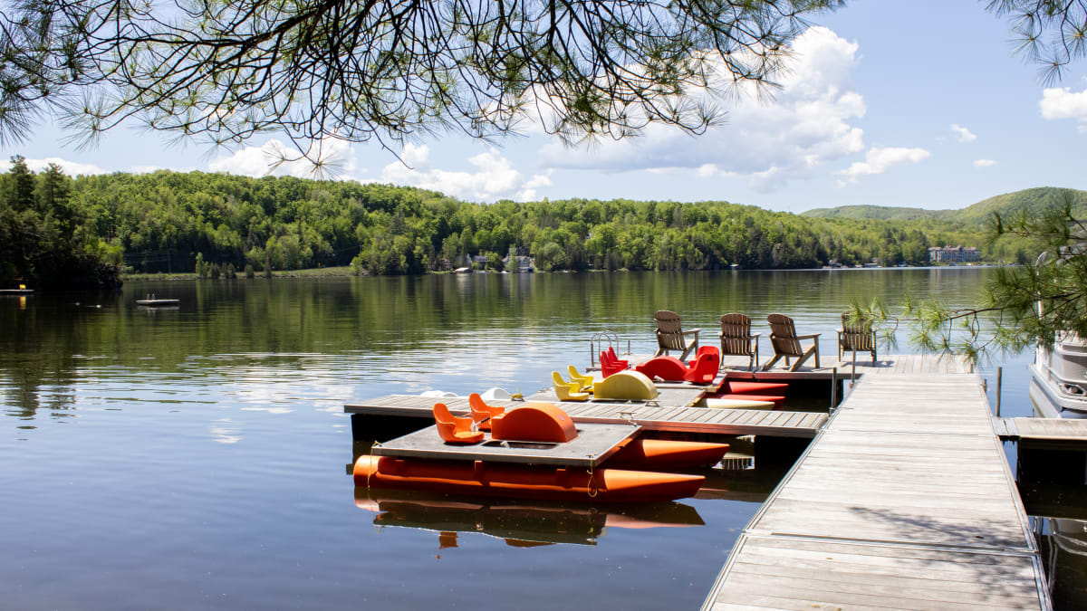 Dock with pedal boats on Lake Massawippi.